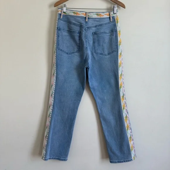 Tory Burch High Waisted Stretch Jeans Embroidered Floral Side Stripe Sz 30